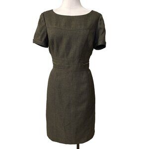 Tahari Levine Dress 10 Tweed Olive Green.Brown Short Sleeve Sheath Career Church